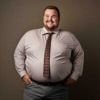 en fett man i en klänning skjorta och slips Framställ för de kamera generativ ai foto