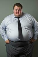 en fett man i en klänning skjorta och slips generativ ai foto