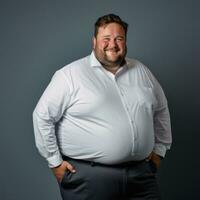 en fett man i en vit skjorta och blå byxor generativ ai foto