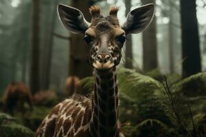 en giraff stående i de mitten av en skog generativ ai foto