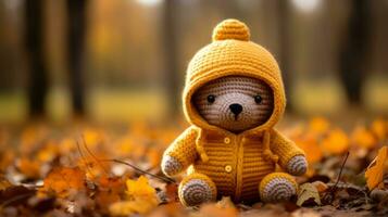en stickat teddy Björn bär en gul jacka generativ ai foto