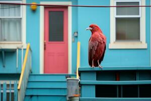 en röd fågel Sammanträde på en blå räcke utanför av en hus generativ ai foto