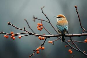 en små fågel är Sammanträde på en gren med bär generativ ai foto