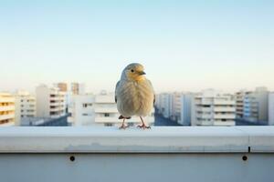 en små fågel är stående på de kant av en byggnad generativ ai foto
