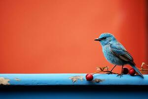 en små blå fågel Sammanträde på topp av en blå avsats generativ ai foto