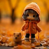 en små docka i ett orange jacka stående Nästa till en brun hund generativ ai foto