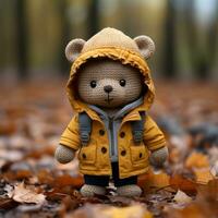 en teddy Björn bär en gul regn jacka generativ ai foto