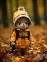 en teddy Björn bär en gul jacka och ryggsäck generativ ai foto