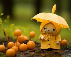 en leksak figur av en liten flicka innehav ett paraply generativ ai foto