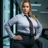 en kvinna i en företag kostym och slips Framställ för de kamera generativ ai foto