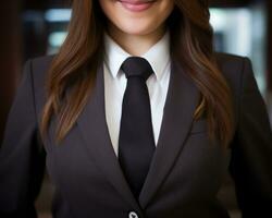 en kvinna i en företag kostym och slips generativ ai foto