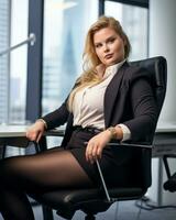 en kvinna i en företag kostym Sammanträde på ett kontor stol generativ ai foto