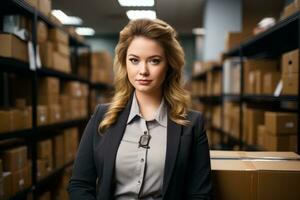 en kvinna i en företag kostym stående i en lager med lådor generativ ai foto