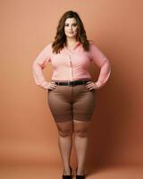 en kvinna i en rosa skjorta och brun shorts generativ ai foto