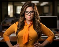 en kvinna i ett orange skjorta och glasögon stående i främre av en skrivbord generativ ai foto