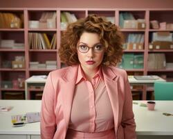 en kvinna bär glasögon och en rosa kostym i ett kontor generativ ai foto