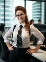 en kvinna bär glasögon och en slips stående i främre av ett kontor skrivbord generativ ai foto