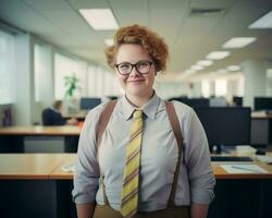 en kvinna bär glasögon och en slips stående i ett kontor generativ ai foto