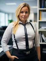 en kvinna bär hängslen och en skjorta Framställ i ett kontor generativ ai foto