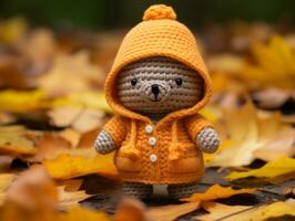 amigurumi teddy Björn i orange täcka på höst löv generativ ai foto