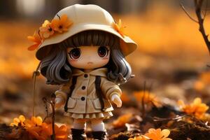 anime docka bär en hatt och täcka stående i en fält av höst löv generativ ai foto