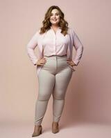 skön plus storlek kvinna i rosa blus och beige byxor stående på rosa bakgrund generativ ai foto