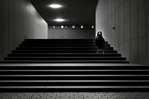 svart och vit Foto av en person stående på de trappa generativ ai