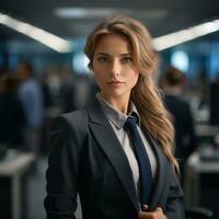ung företag kvinna i kostym och slips stående i ett kontor generativ ai foto