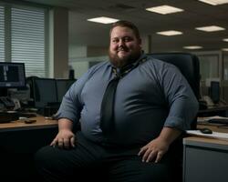 en fett man Sammanträde i ett kontor generativ ai foto