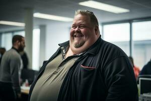 en fett man leende i ett kontor generativ ai foto