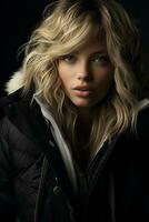 en skön blond kvinna i en svart jacka generativ ai foto