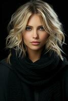 en skön blond kvinna i en svart Tröja och scarf generativ ai foto