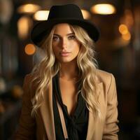 en skön blond kvinna i en hatt och jacka generativ ai foto