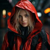 en skön blond kvinna i en röd regnkappa generativ ai foto
