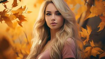 en skön blond kvinna i främre av höst löv generativ ai foto