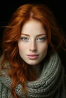 en skön röd håriga kvinna i en Tröja generativ ai foto