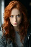 en skön röd håriga kvinna med blå ögon generativ ai foto