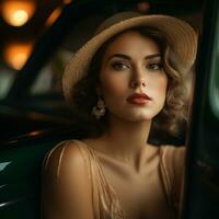 en skön kvinna i en hatt Sammanträde i de tillbaka av ett gammal bil generativ ai foto