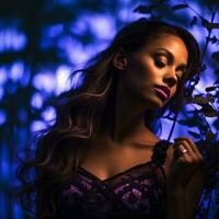 en skön kvinna i en lila klänning lutande mot en buske generativ ai foto