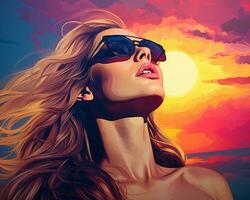 en skön kvinna i solglasögon är ser upp på de Sol generativ ai foto