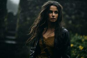en skön kvinna i de regn stående i främre av en sten vägg generativ ai foto