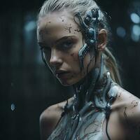 en skön kvinna med en robot ansikte i de regn generativ ai foto