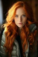 en skön kvinna med lång röd hår generativ ai foto