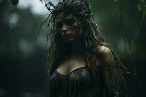 en skön kvinna med lång hår stående i de regn generativ ai foto