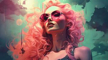 en skön kvinna med rosa hår och solglasögon generativ ai foto