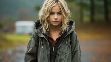 en skön ung kvinna i en grön jacka stående i de regn generativ ai foto
