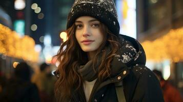 en skön ung kvinna i en vinter- hatt och täcka stående i de mitten av en upptagen stad gata generativ ai foto
