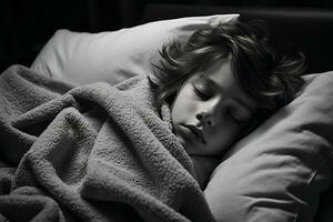 en svart och vit Foto av en barn sovande i säng generativ ai