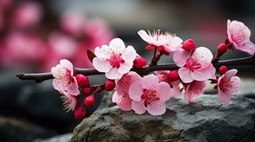 en gren av rosa blommor är på topp av några stenar generativ ai foto