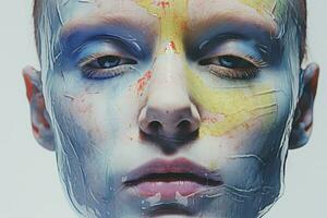 en stänga upp av en kvinnors ansikte täckt i måla generativ ai foto